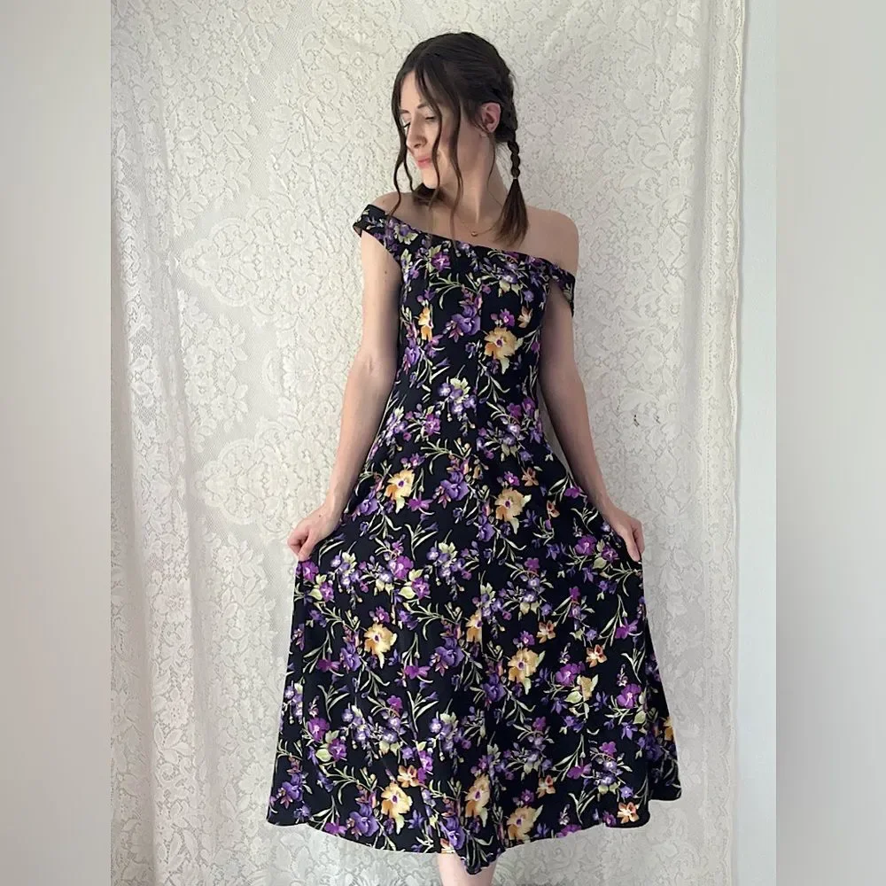 Vintage 80s All That Jazz Black Floral Midi Dress Crisscross Back Size 7/8 - Picture 1 of 16